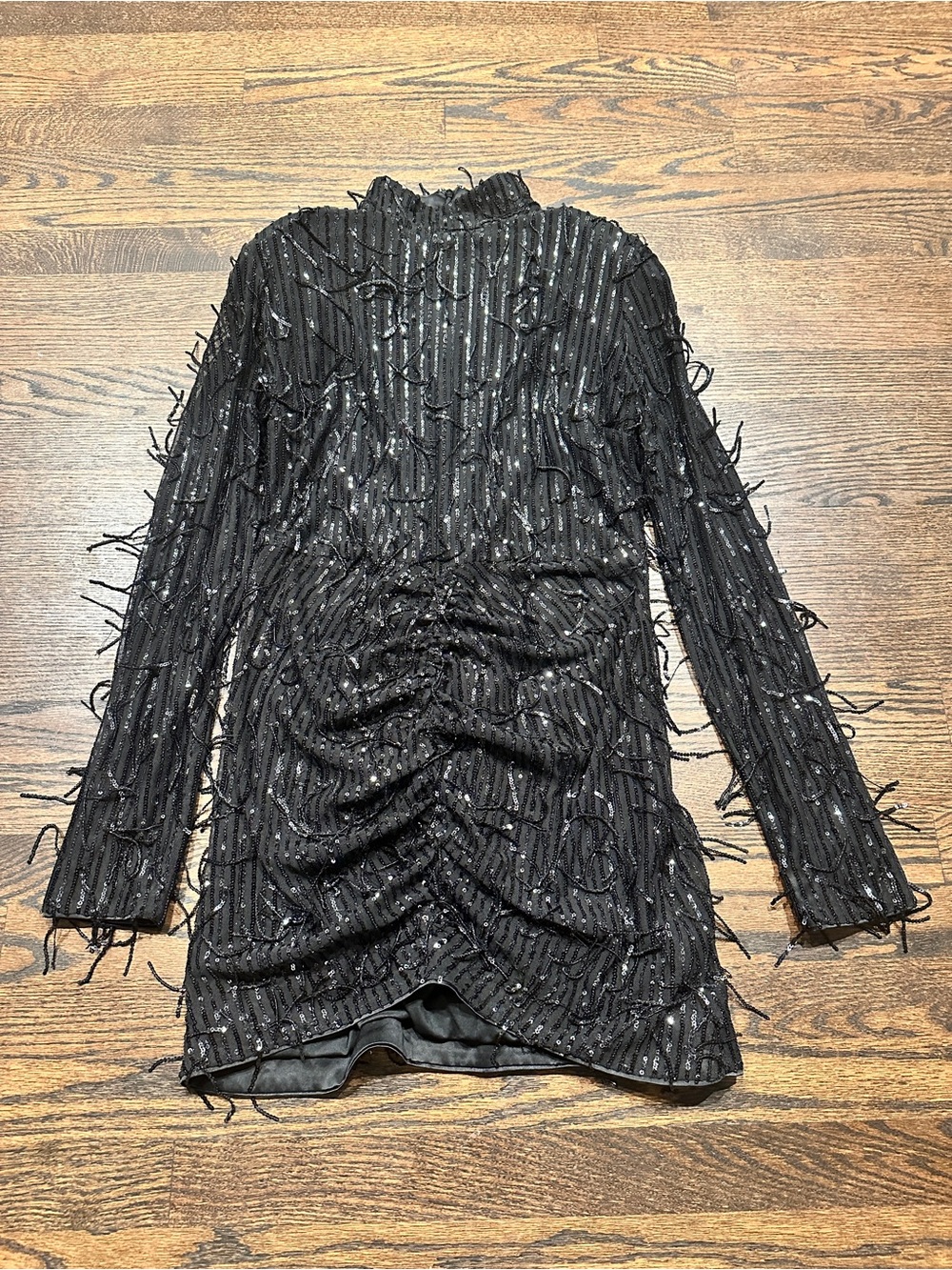 ROTATE Miki Sequined Mini Dress - Black Long-Sleeve Ruched Fringe Mini Dress